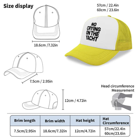Yellow breathable trucker hat for men, 'No Crying on the Yacht' text, shown with size measurements and head circumference guide.
