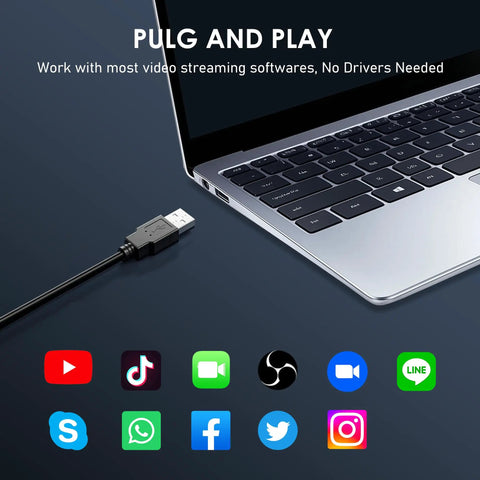 Close-up of a USB cable connected to a laptop, highlighting plug and play capability for 1080P HD Webcam With Built In Dual Mics And Noise Canceling Privacy Cover, 75 Degree FoV, Plug And Play USB Web Camera For PCs Laptops Desktops Macs Offering Crisp Video And Hassle Free Setup.