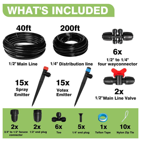 Components of 240Ft Drip Irrigation Kit With Quick Connect Plug And Play For Greenhouse, Garden, Yard, And Lawn Automatic Watering System