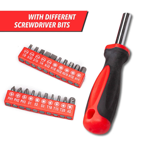 Screwdriver handle with two sets of red-labeled screwdriver bits from 136-Piece General Household Tool Set With Plastic Toolbox Case.