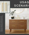 10 Pack Brushed Gold Cabinet Pulls 5 Inch Hole Center 128mm Brushed Brass Handles installed on a wooden bathroom dresser.