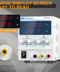 Adjustable DC Bench Power Supply 0 To 30V 0 To 10A With 4 Digit Display showing voltage and current readings on screen.
