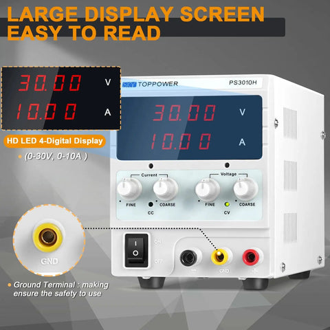 Adjustable DC Bench Power Supply 0 To 30V 0 To 10A With 4 Digit Display showing voltage and current readings on screen.