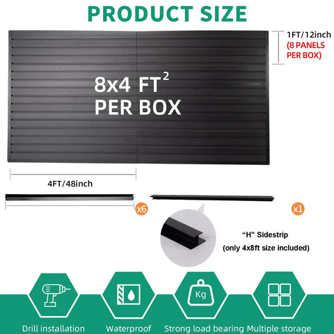 Black Slat Wall Paneling For Garage Storage, Heavy Duty Slatwall Panels With Power Tool Organizer Wall Mount, PVC Garage Organization Board 4x8 Feet, Fireproof, Waterproof, Crack Proof And Durable, showing 8x4 ft size per box.