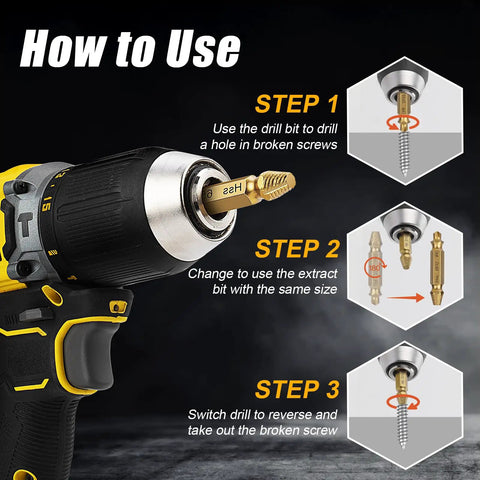 Instructions for Premium 13 Piece Screw Extractor Set For Damaged Stripped Screws With HSS 6542 Titanium Gold Coated Bits Two In One Easy Out Kit