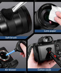 Camera lens cleaning kit with 4 items: soft brush, lens paper, air blower, cotton swabs
