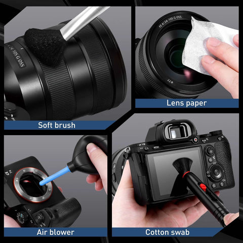 Camera lens cleaning kit with 4 items: soft brush, lens paper, air blower, cotton swabs