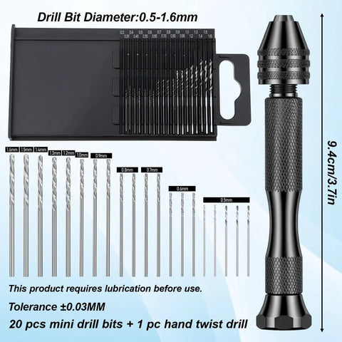 Mini Drill Bit Set 0.5mm To 1.6mm With Pin Vise And Three Claw Keyless Chuck For Easy Bit Change, HSS Twist Drills In Handy Plastic Case, Ideal For Wood Jewelry DIY And Small Metalworking Projects.
