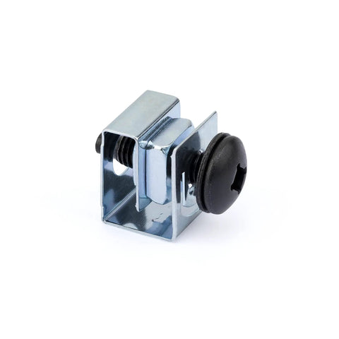 Rock Solid Go To 50 Pack 10 32 Thread Server Rack Screws With Dead Easy Zinc Slide On Cage Nuts For 19 Inch Server Racks And Chassis Enclosures black and silver cage nut detail.