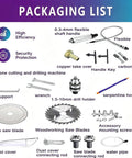 Packaging list for 750 Watts Mini Table Lathe includes various tools like flexible shaft, drill holder, saw blades, and accessories.