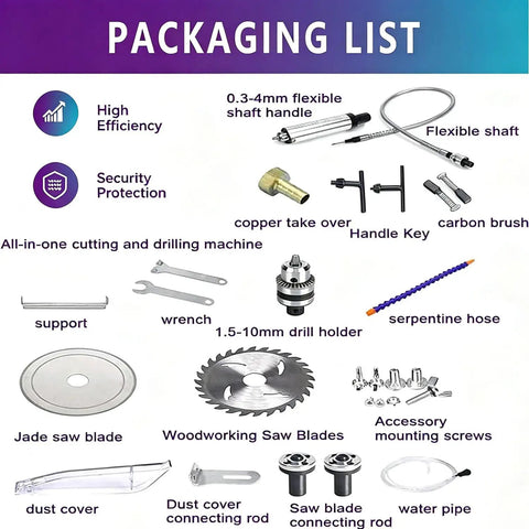 Packaging list for 750 Watts Mini Table Lathe includes various tools like flexible shaft, drill holder, saw blades, and accessories.