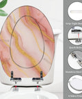 Elongated Toilet Seat Quiet Soft Close Bathroom with a pink and gold marbled design and stainless steel hinges.