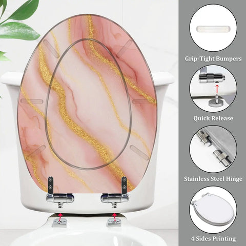 Elongated Toilet Seat Quiet Soft Close Bathroom with a pink and gold marbled design and stainless steel hinges.