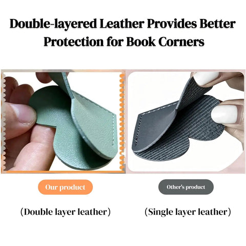 Comparison of double-layered leather against single-layer leather for bookmarks, showing better protection features.