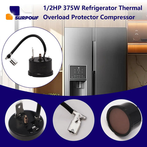 1/2HP 375W Refrigerator Thermal Overload Protector with real-time temperature monitoring and auto shutoff in front of a fridge