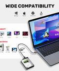 External USB 3 0 To SATA III Hard Drive Adapter Kit With 12V 2A Power Supply connected to laptop showing compatible OS and drives.