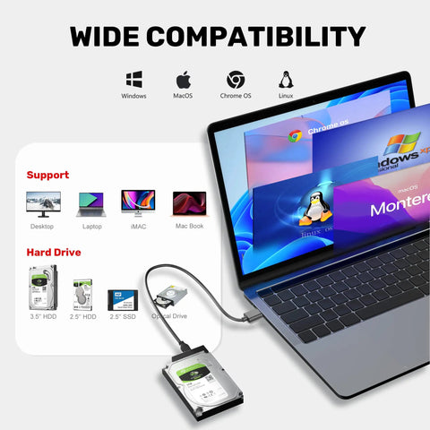 External USB 3 0 To SATA III Hard Drive Adapter Kit With 12V 2A Power Supply connected to laptop showing compatible OS and drives.