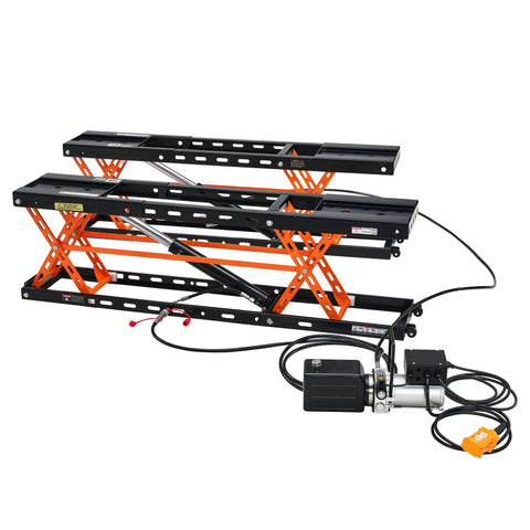 Heavy Duty Portable Car Lift For Home Garage Shop With Hella Tough Carbon Steel Construction And Dual Safety Locks Easily Raises Sedans And Light Trucks Up To Five Thousand Pounds Smoothly, showing scissor lift design.