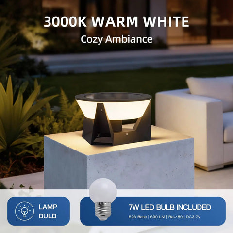 3000K warm white solar post light on patio pillar, cozy ambiance, 14.96 inch IP54 waterproof, dusk to dawn, 4400mAh, remote control