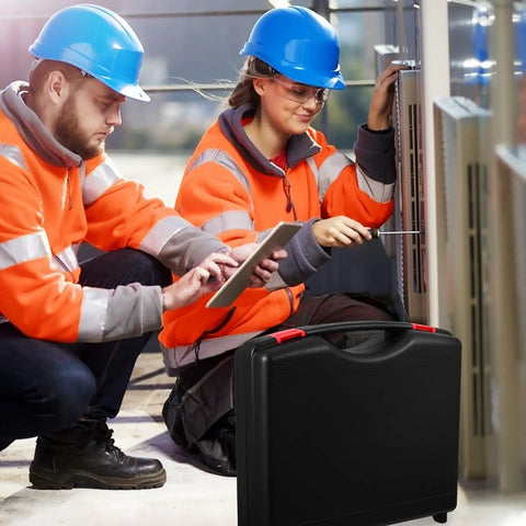 Rugged Portable PP Plastic Toolbox With Heavy Duty Handle And Quick Release Latches packs major tool storage beside two workers in safety gear.