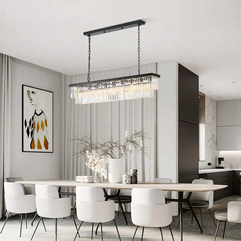 Rectangular Crystal Chandelier Black Modern Luxury With Six Lights Ceiling Fixture For Living Room Dining Room And Farmhouse 32 Inch Long K9 Crystal Cut Glass Wow Worthy Lighting For Elegant Homes in a dining room setting