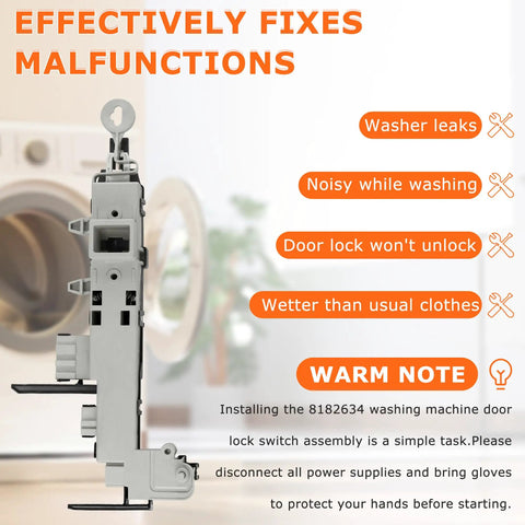 Heavy Duty Washer Door Lock Switch Replacement For Front Load Washers Replaces 461970200692 8182634 DC64-00519B DC64-00519D OEM Compatible Repair Part With No Fuss Quick Install, shown next to washer with text about malfunctions it fixes.