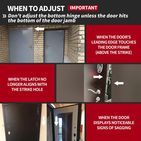 Diagram showing when to adjust door hinges with Long Handle Hinge Bender Wrench For 134 Gauge Commercial Doors With Rubber Grip Heavy Duty Painted Steel Hinges Wrench Fast Sag Fix And Misalignment Adjustment Tool For Easy Door Maintenance.