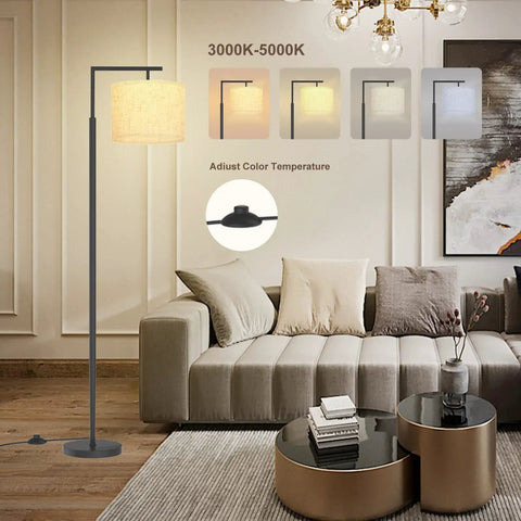 Floor Lamp With Lampshade, 3 Color Temperatures From 3000K To 5000K, 9W LED Bulb Included, Adjustable Lamp Head, Black in living room