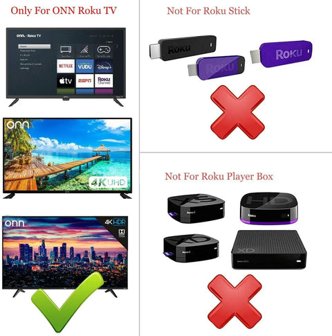 Image showing compatibility of All In One Roku TV Remote for ONN models; compatible with ONN Roku TVs, not with Roku sticks or players.
