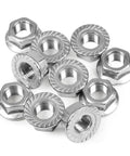Heavy Duty M12 x 1.25mm Serrated Flange Nut Set, Hex Lock Nuts In 304 Stainless Steel, 10 pack, showcasing corrosion-resistant features