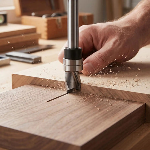Top Shelf Garosa Spiral Flush Trim Router Bit 3/8 Inch Diameter cutting wood, showing smooth edge and chip removal.