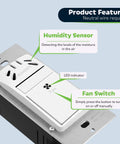Humidity Sensor Switch For Ventilation Fans Auto On When Humid With 20 Minute Run Time No Brainer Energy Saver For Bathrooms, Neutral Wire Required, UL Listed, White showing features like humidity sensor and fan switch