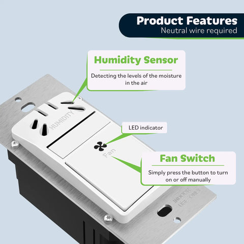 Humidity Sensor Switch For Ventilation Fans Auto On When Humid With 20 Minute Run Time No Brainer Energy Saver For Bathrooms, Neutral Wire Required, UL Listed, White showing features like humidity sensor and fan switch
