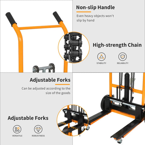 Built Tough Manual Pallet Stacker And Rolling Dolly Rig With Quick Swap Cargo Pallet Handles Hefty 440 Lbs Loads Stress Free Raises Up To Thirty Six Inches High For Easy Shop Floor Grind