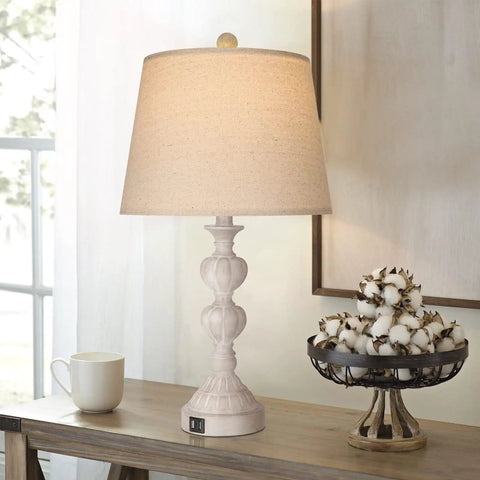 Coastal Farmhouse Table Lamps Set Of 2 With Touch Control Go To 3 Way Dimmable Bedside Lights With USB Ports Washed White French
