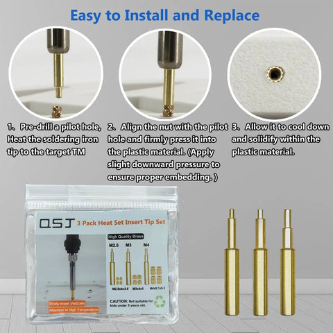 Instruction steps for using 12 Piece M2.5 M3 M4 Threaded Inserts Kit with soldering tips shown in package.