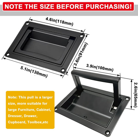 Recessed Door Pull Handles Set Of 2 In Black Zinc Alloy Folding Flush Lift Ring Design with measurements shown.