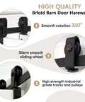 Premium Three Panel Bifold Barn Door With Heavy Duty Sliding Hardware Set And Sleek Handle showing smooth sliding wheels and track.