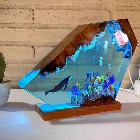 Blue Whale Resin Lamp With Wood Base RGB Ocean Nightstand Light For Coastal Home Office Decor Handcrafted Ocean Gift