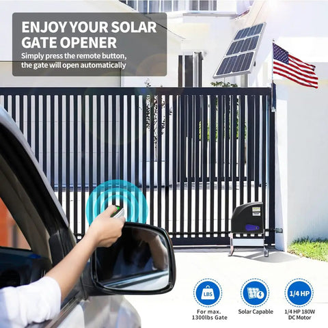 Heavy Duty Solar Sliding Gate Opener for Gates Up To 1300 Pounds with Remote Control and Solar Panel in Use