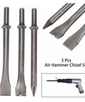Pro Grade Air Hammer Long Bit Set For Chipping And Punching Pneumatic Tool with 3 metal bits displayed next to air hammer image.