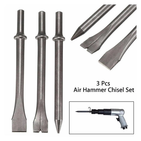 Heavy Duty Air Hammer Kit With Long Bits Set Featuring Punch Chisel And Shovel Head For Metalworking, Auto Repair, And Construction Jobs That Get Done Fast Without Breaking The Bank Or Your Back, 3 steel bits