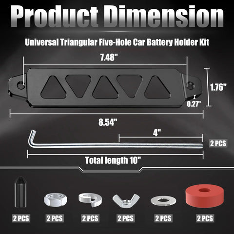Universal 8.5 Inch Triangular Battery Hold Down Kit With Five Hole Bracket And J Bolts Aluminum Alloy Construction