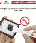 Cleaning brush used on Must Have 12 Pack Roomba HEPA Filters Replacement For E I J Series With Brush, filter care instructions shown