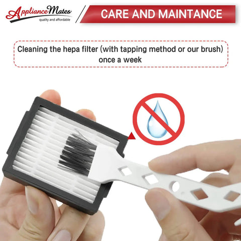 Cleaning brush used on Must Have 12 Pack Roomba HEPA Filters Replacement For E I J Series With Brush, filter care instructions shown