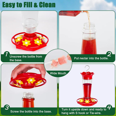 Steps to fill and clean the Outdoor Hummingbird Feeder 2 Pack Ant And Bee Proof Clear 10 Ounce With 6 Flower Shaped Ports.