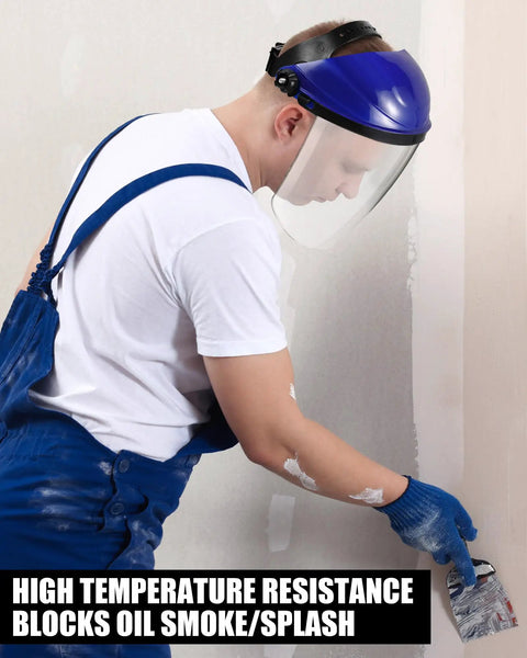 Person using 4 Pack Safety Face Shields For Grinding And Cutting, blue full face protection mask with impact resistant visor.