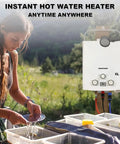 A woman uses a propane portable instant water heater features digital display and delivers wicked warm flow for outdoor adventures.