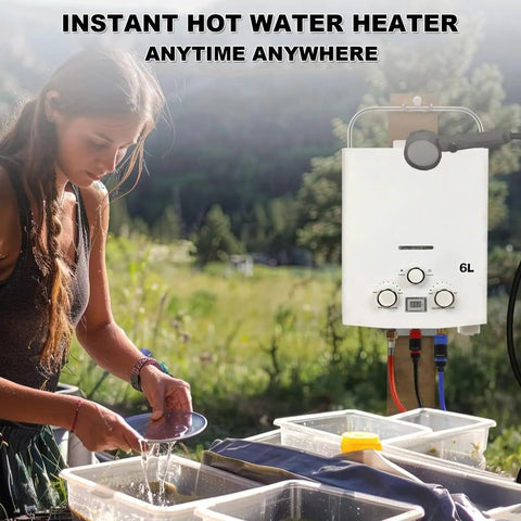 A woman uses a propane portable instant water heater features digital display and delivers wicked warm flow for outdoor adventures.