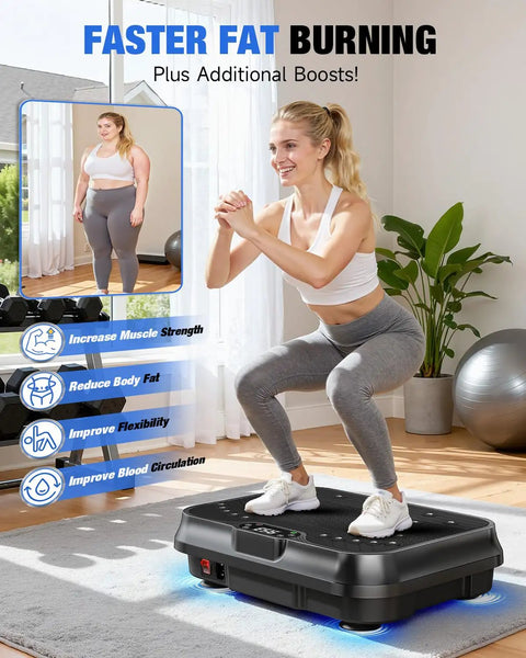 Woman exercising on Vibration Plate Exercise Machine For Weight Loss With 250 Speed Platform Remote And Resistance Bands 450 Lb Capacity